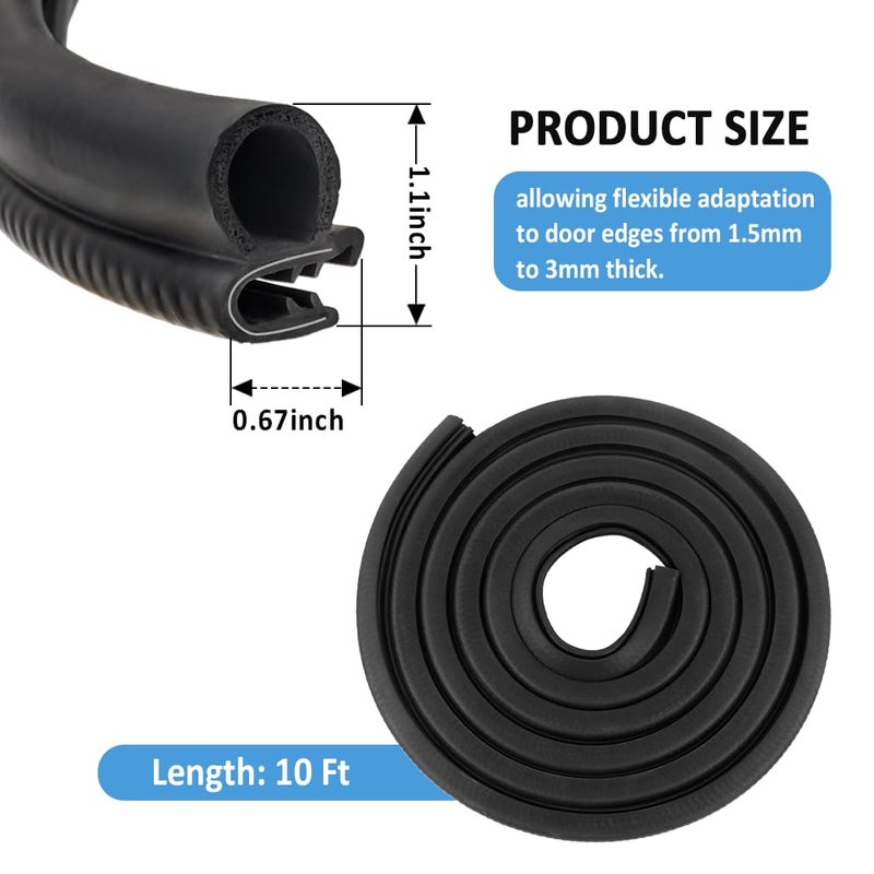 Salior 10Ft Car Door Seal Strip U-Shaped Automotive Weather Stripping Rubber Seal Strip with Metal Clips Universal Push-in Car Door Edge Guards Fits Car Truck Boat RV Home (10Ft) - Image 2